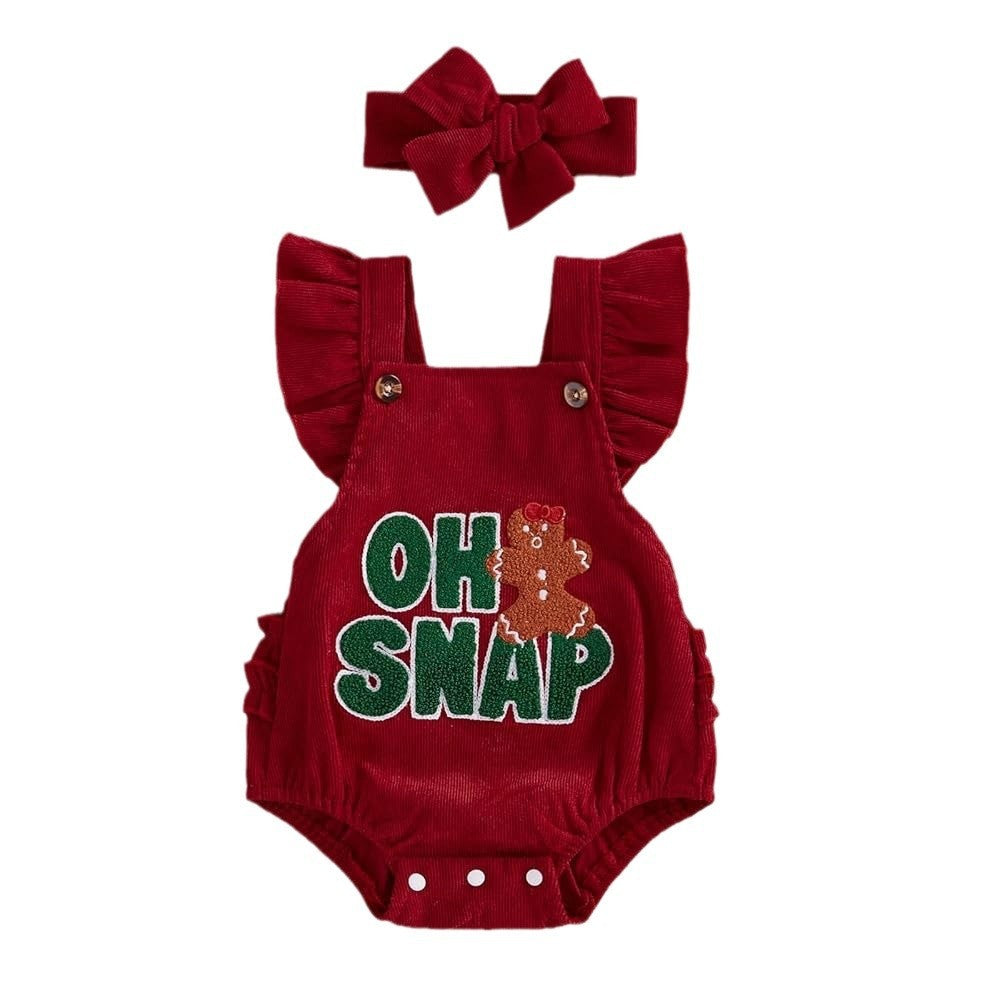 New Baby Girl Christmas Clothes Embroidered Pleated Sleeveless Lantern Velvet Jumpsuit
