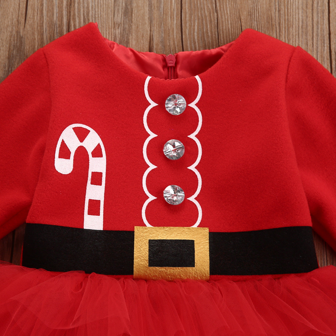 New Baby Kids' Round Neck Spring And Autumn Long Sleeve Christmas Clothes Mesh Dress